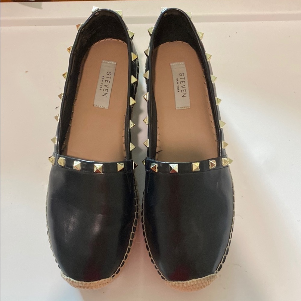Steven New York Black and Gold Espadrille Flats with Studded Detailing
